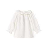 Hvid bluse til børn med flæsekant og broderet mønster