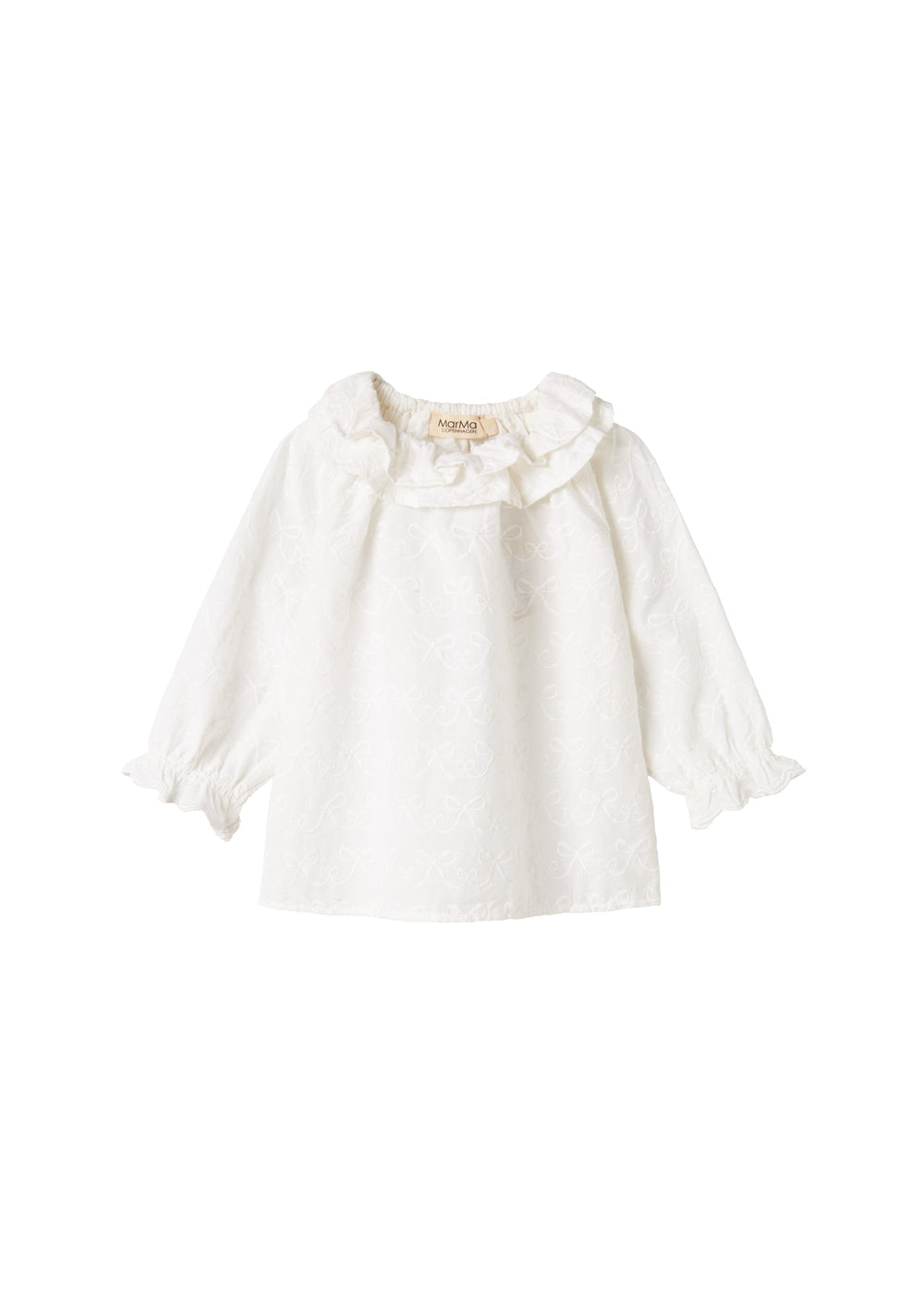 Hvid bluse til børn med flæsekant og broderet mønster