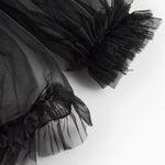 Detalje af sort tylbluse med flæser ved ærmekant