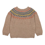 Beige uldstrikbluse til børn med farvet mønster ved halsen