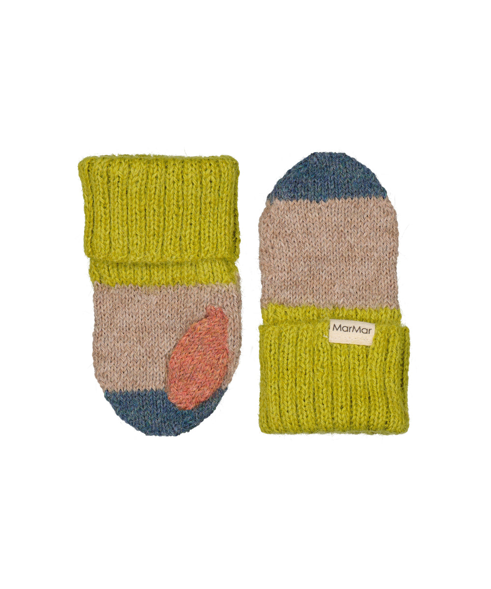 Uldluffer til børn i beige med grøn rib, orange detalje og blå spids