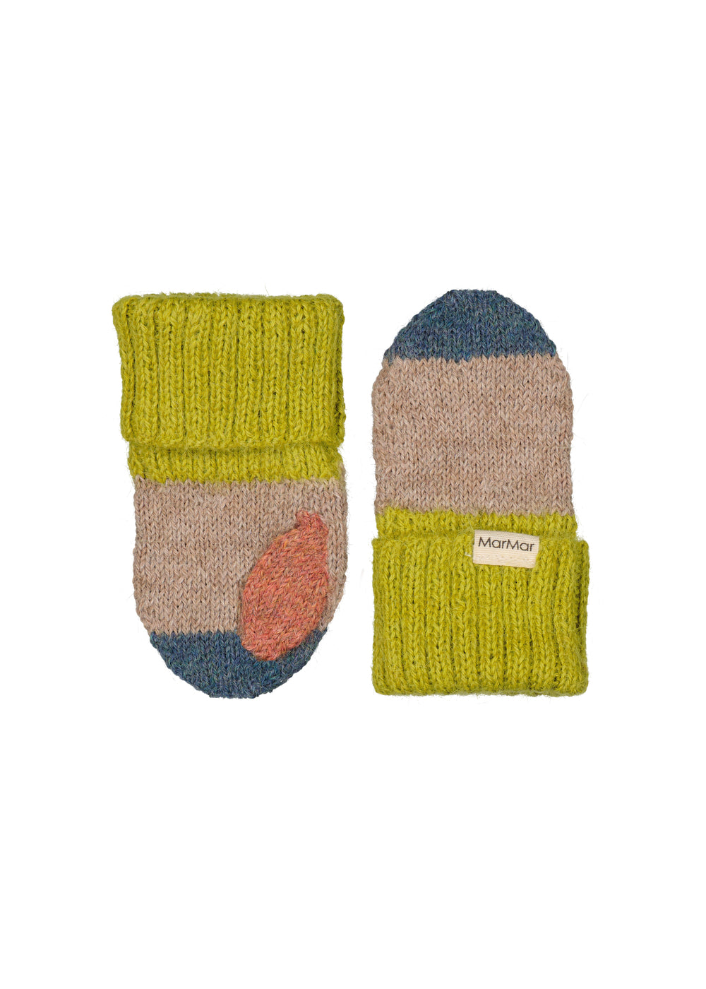 Uldluffer til børn i beige med grøn rib, orange detalje og blå spids