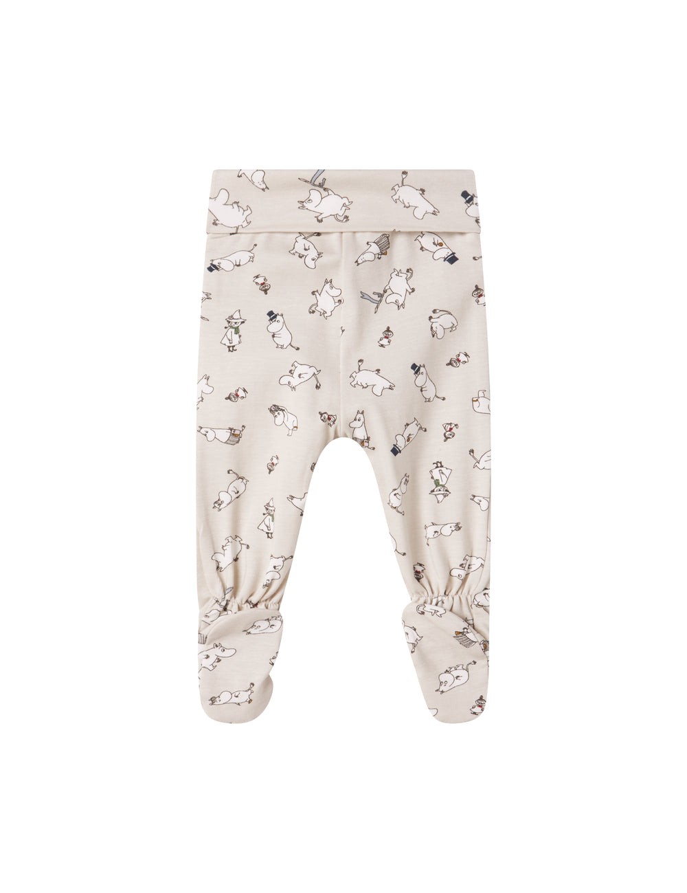 Barnbukser med fødder i lyst stof med Moomin-print