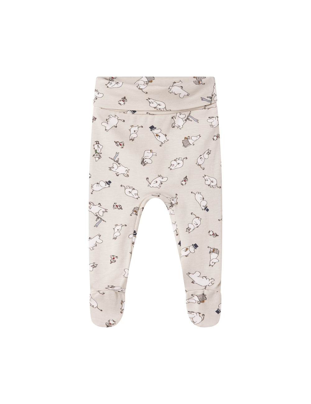 Barnbukser med fødder i lyst stof med Moomin-print