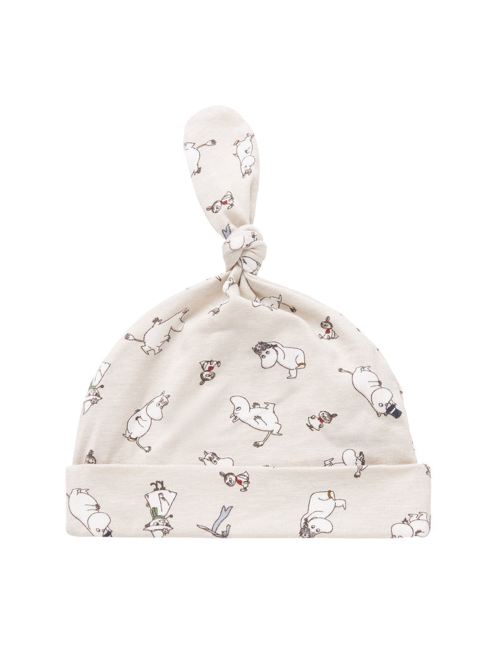 Babyhue med Moomin-print i lyse farver og knude på toppen