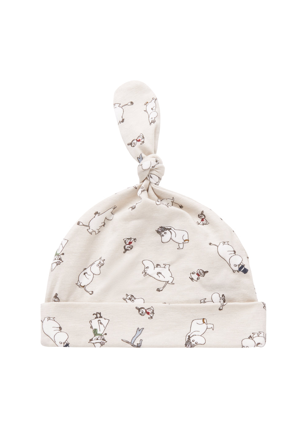 Babyhue med Moomin-print i lyse farver og knude på toppen