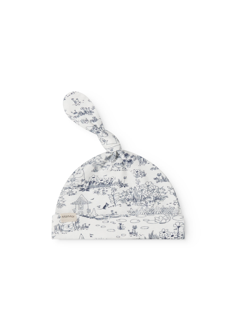 Hue til nyfødt med kant der kan foldes ned og, sød knude og Moomin print