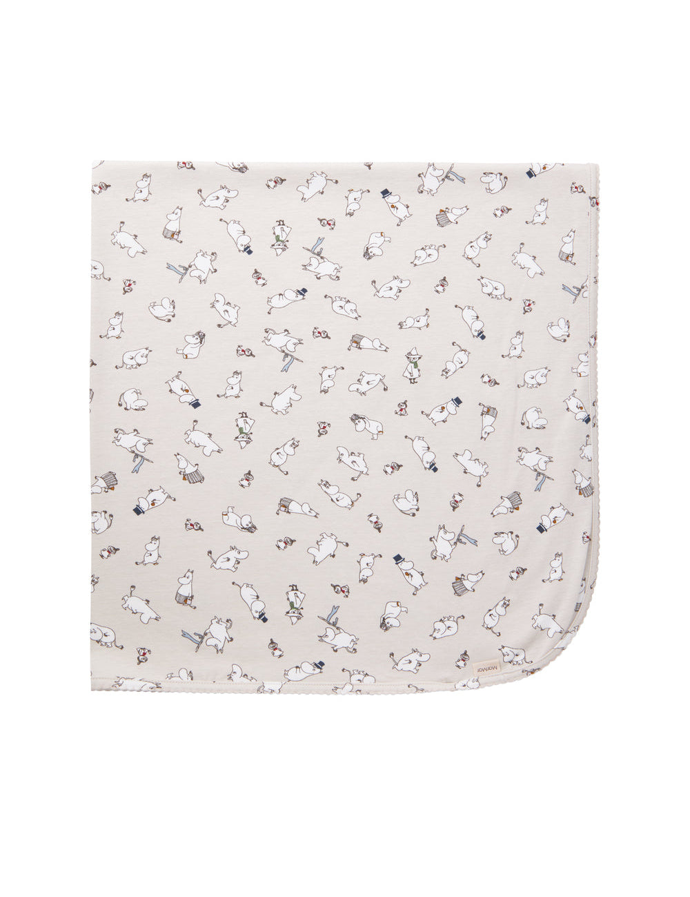 Baby tæppe med Moomin-print i lyse farver.