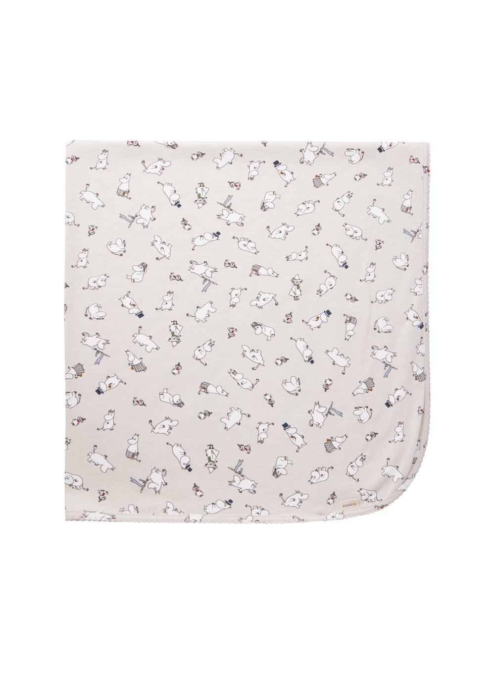 Baby tæppe med Moomin-print i lyse farver.