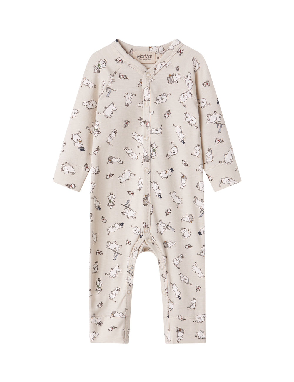 Heldragt til baby med lange ærmer, trykknapper og Moomin-tryk i lyse farver