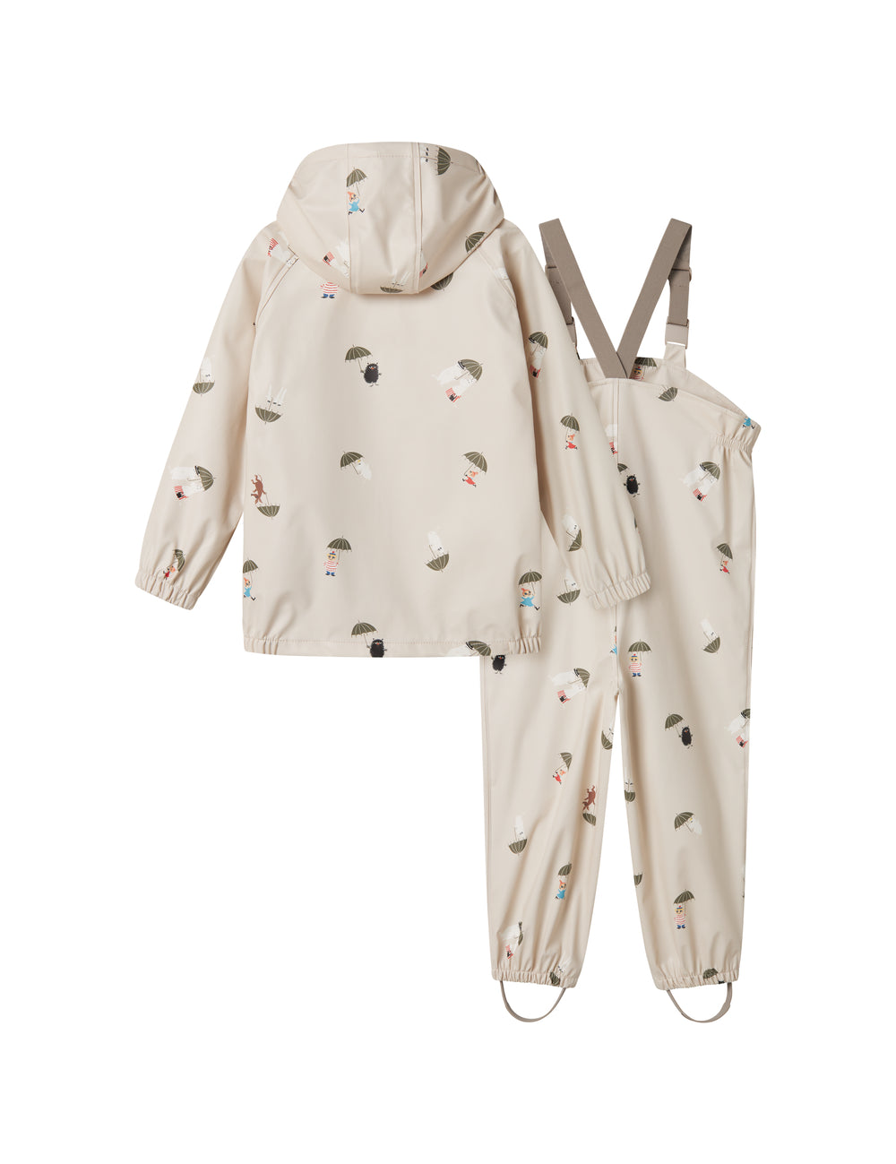 Beige regnjakke og regnbukser med Moomin print, hætte og seler til børn