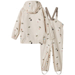 Beige regnjakke og regnbukser med Moomin print, hætte og seler til børn