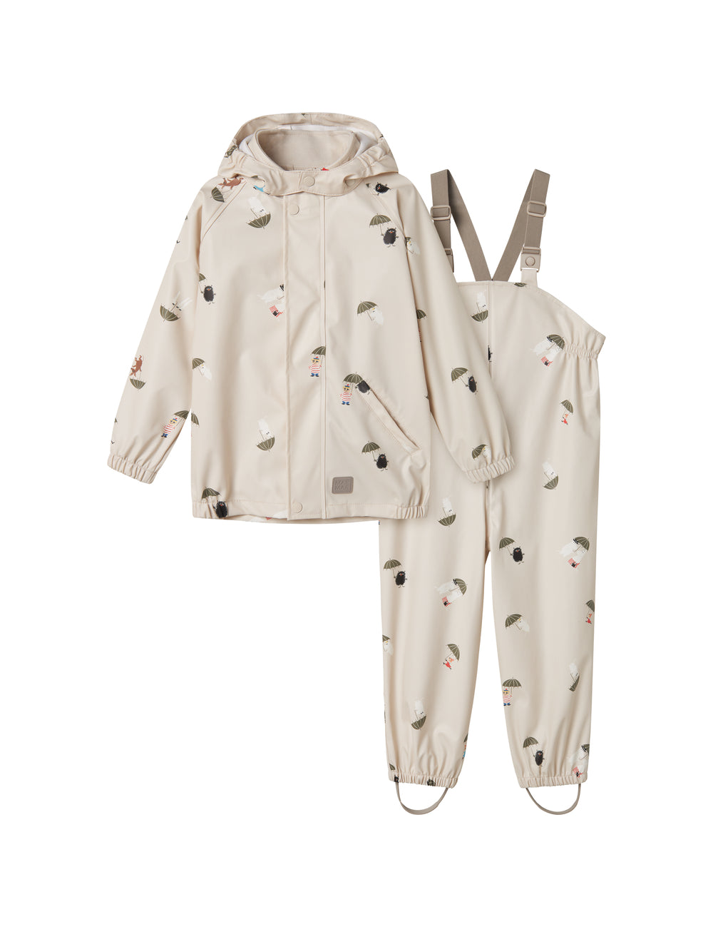 Beige regnjakke og regnbukser med Moomin print, hætte og seler til børn