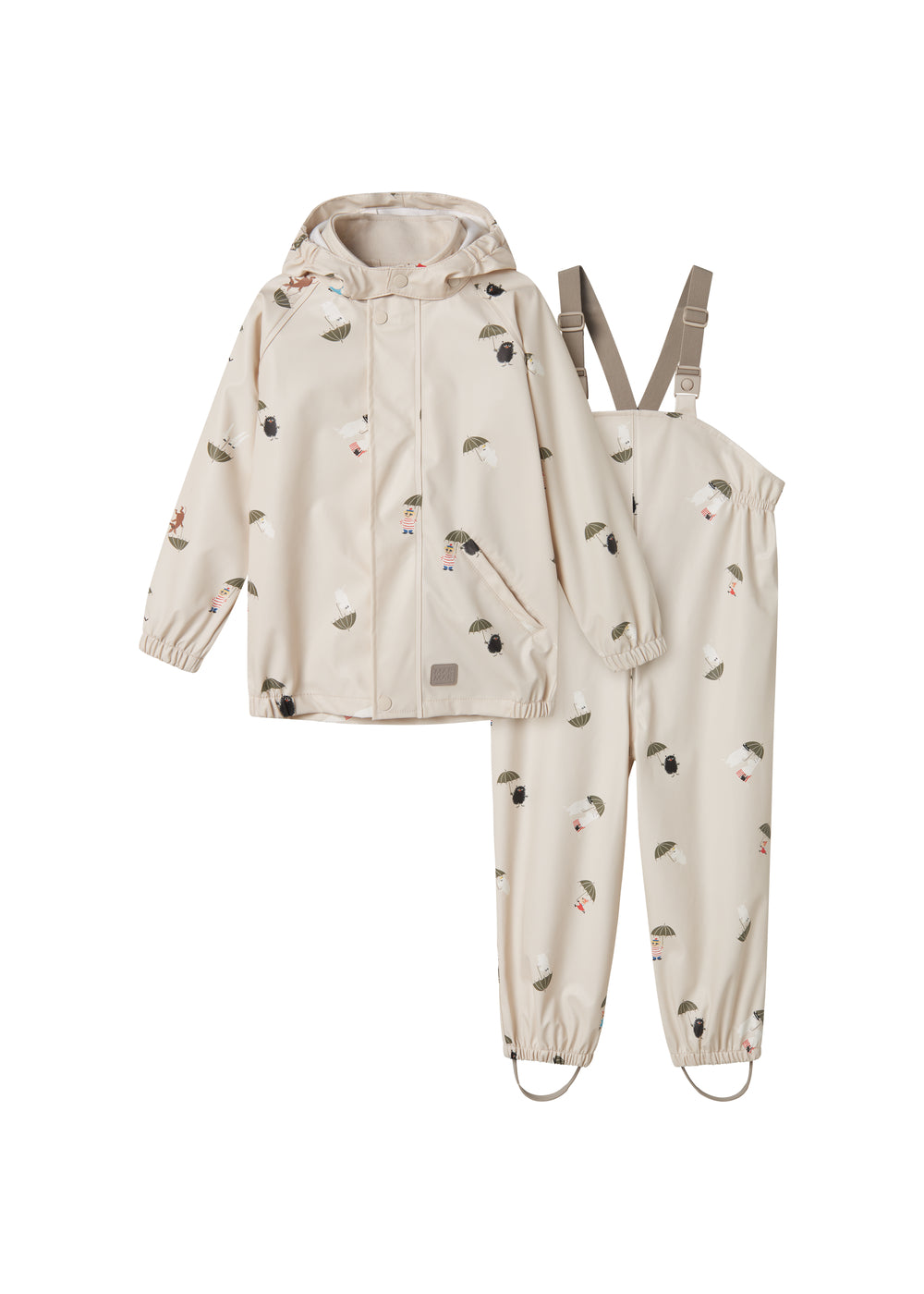 Beige regnjakke og regnbukser med Moomin print, hætte og seler til børn