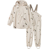 Beige regnjakke og regnbukser med Moomin print, hætte og seler til børn