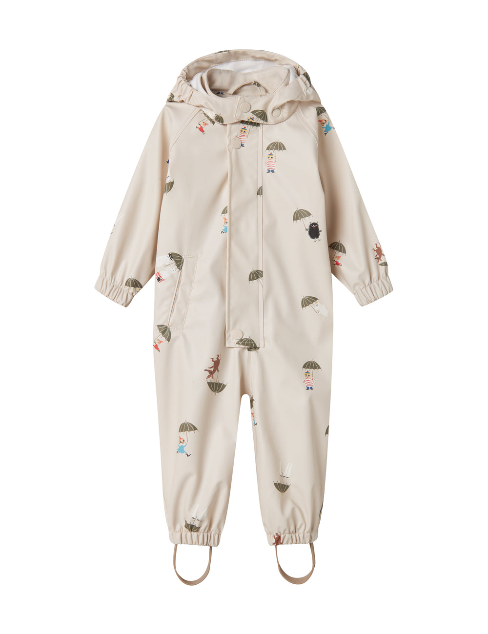 Beige baby regndragt med Moomin print, hætte og fodstropper