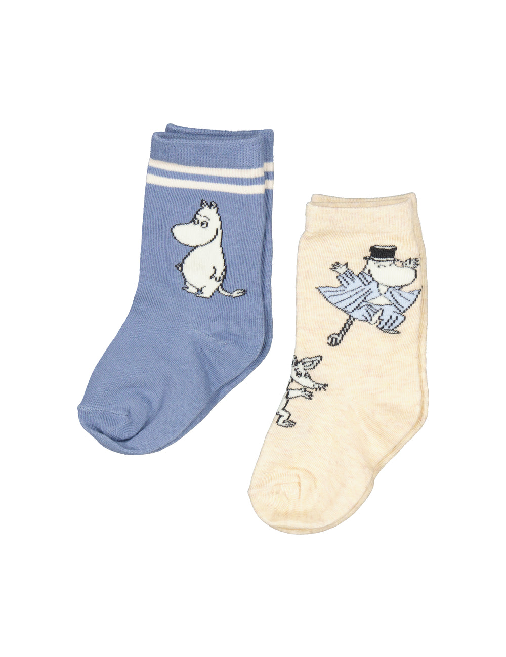 Et par børnestrømper med søde Moomin figurer, den ene i blå, den anden i creme.