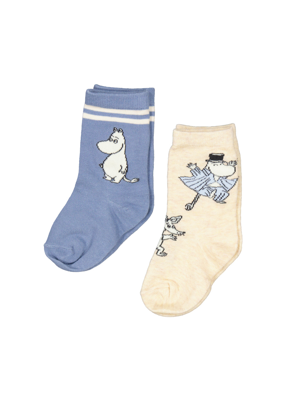 Et par børnestrømper med søde Moomin figurer, den ene i blå, den anden i creme