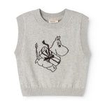 Grå strikvest i ærmeløs sweater med Moomin-illustration foran