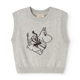 Grå strikvest i ærmeløs sweater med Moomin-illustration foran