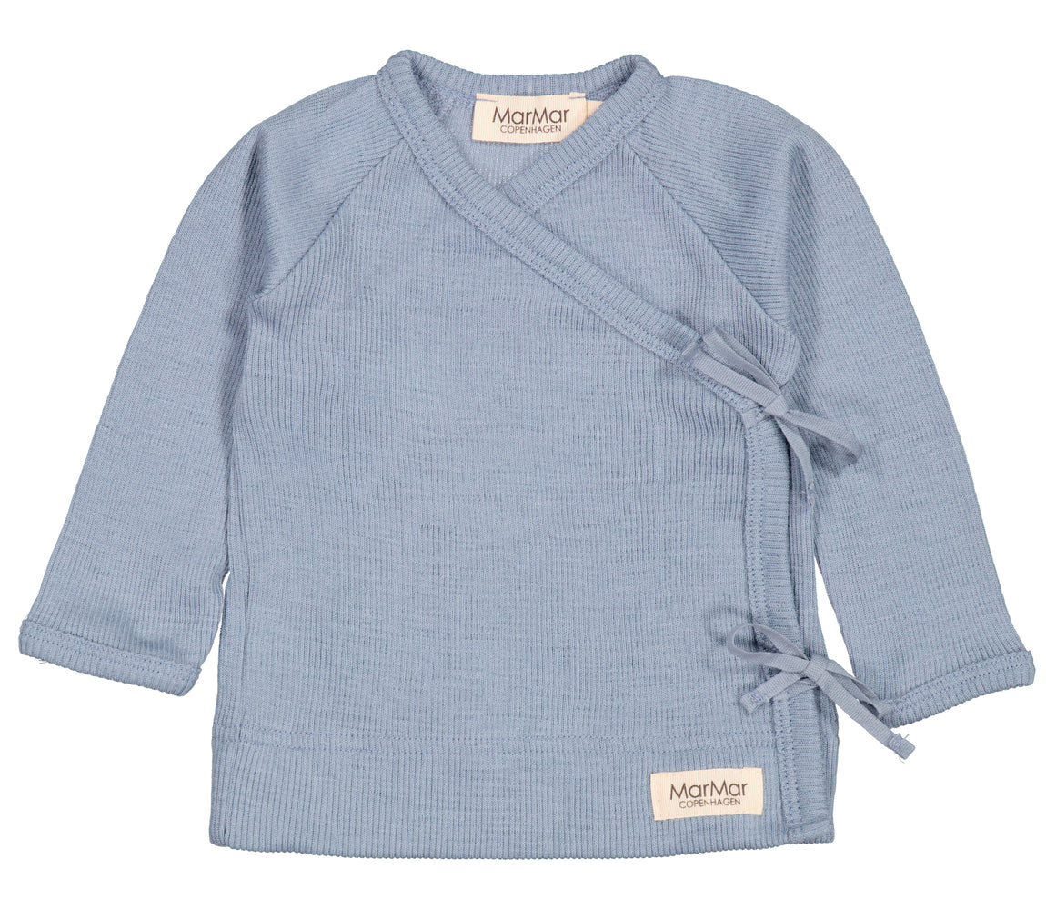 Blå uld bluse med skrålukning til nyfødte og babyer