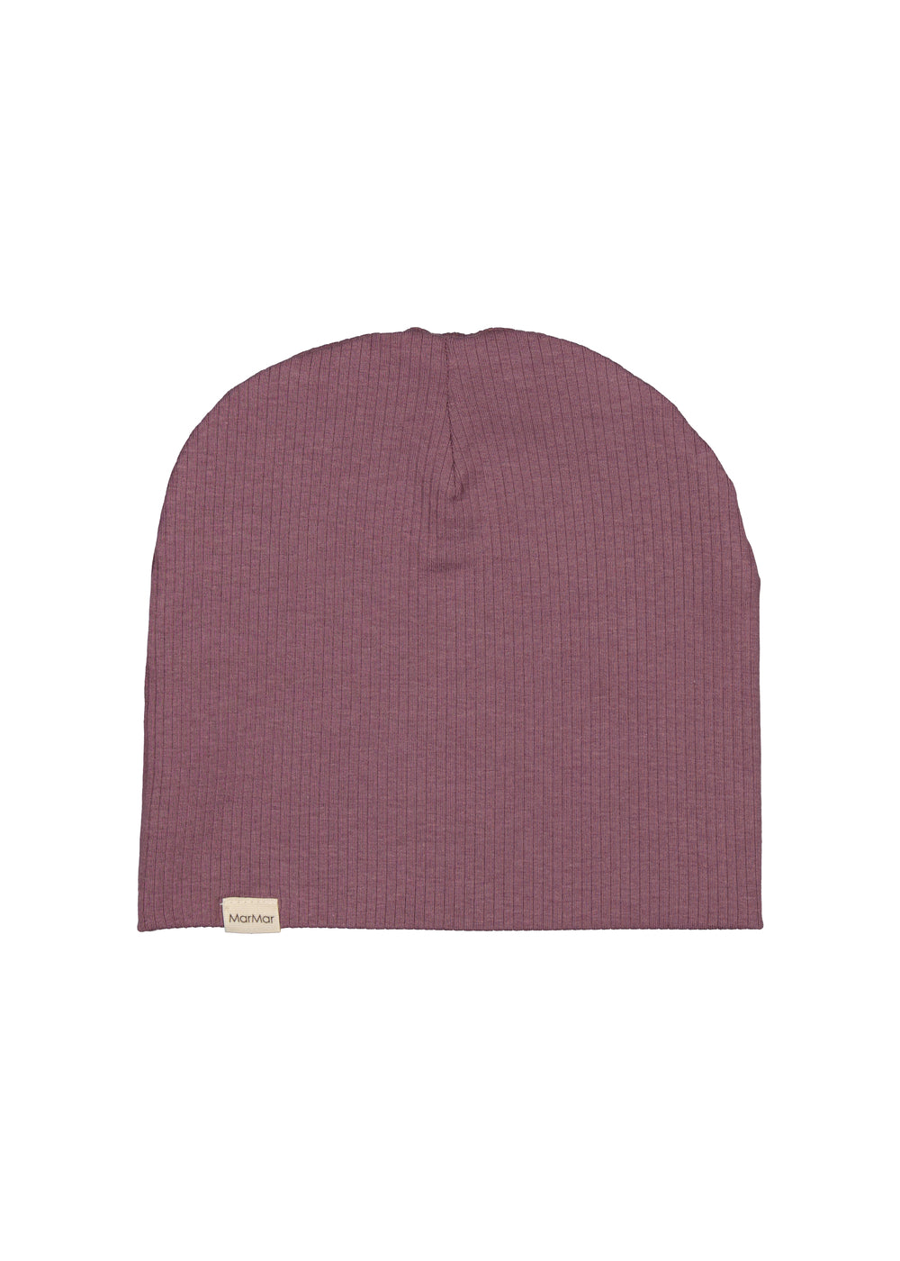 Ribbet lilla beanie til børn med lille mærke foran