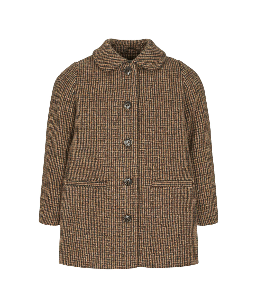 Brun ternet frakke til børn i uld med knapper og krave