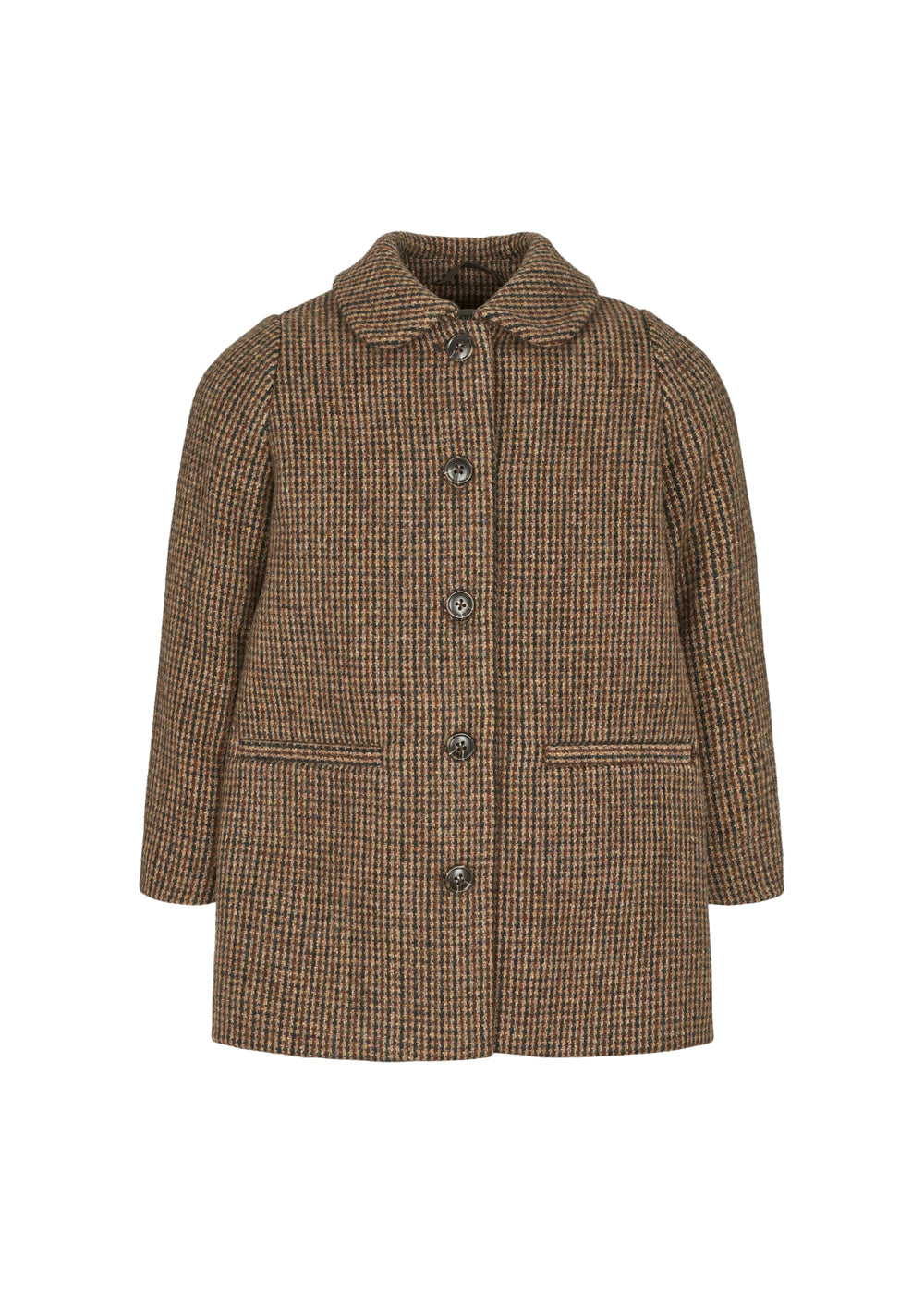Brun ternet frakke til børn i uld med knapper og krave