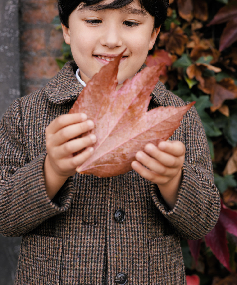 Dreng holder efterårsblad iført brun ternet jakke