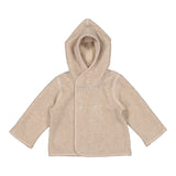 Beige teddyjakke til børn med hætte og knapper, set forfra