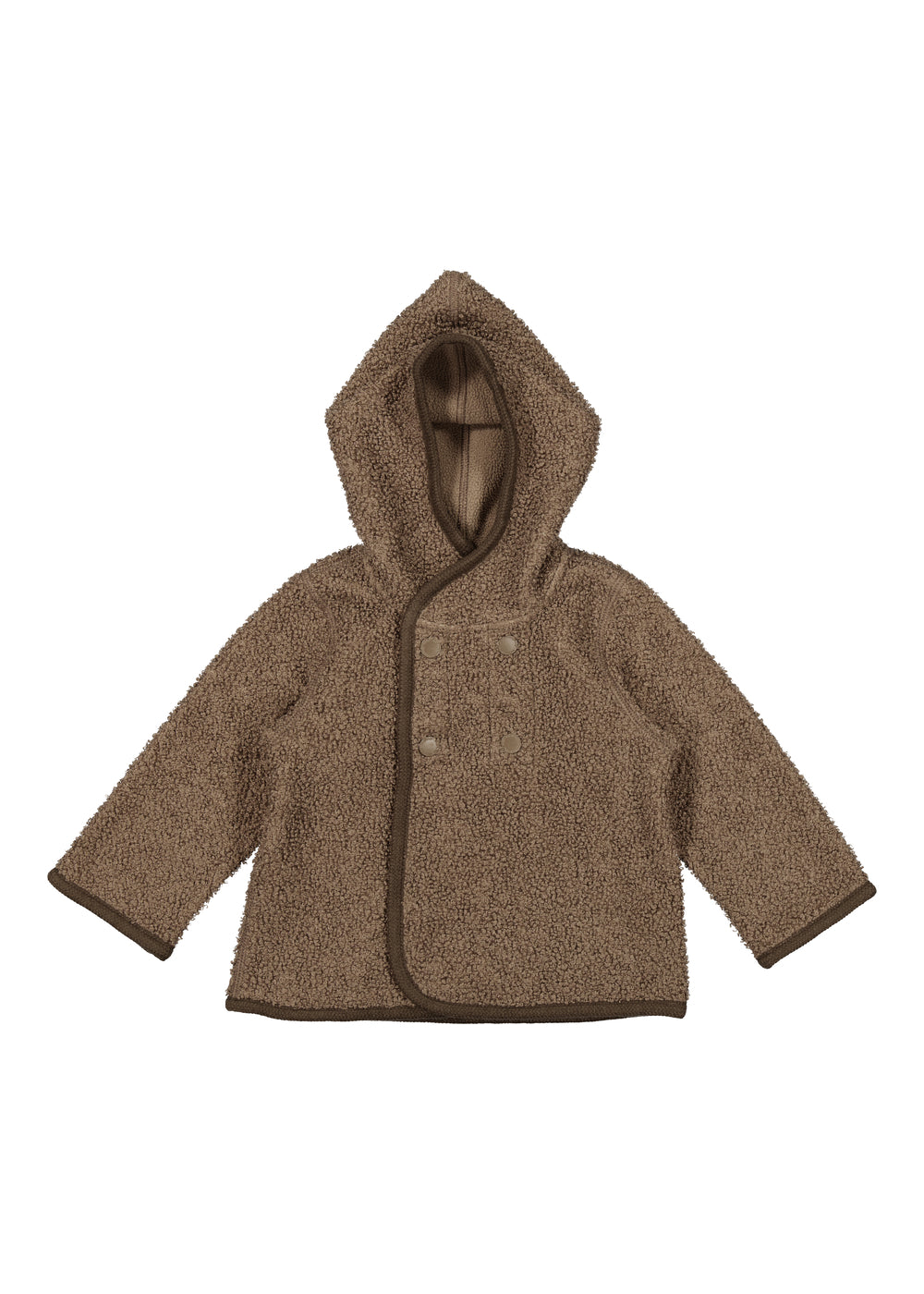 Brun teddyjakke til børn med hætte og knaplukning, set forfra