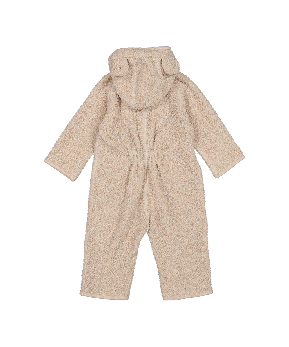 Lys heldragt til baby i blød teddyfleece med hætte og bindebånd