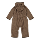 Brun teddyheldragt til baby, set bagfra med hætte og lange ører