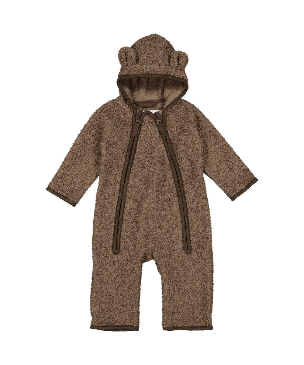 Brun teddyheldragt til baby med hætte og bjørneører