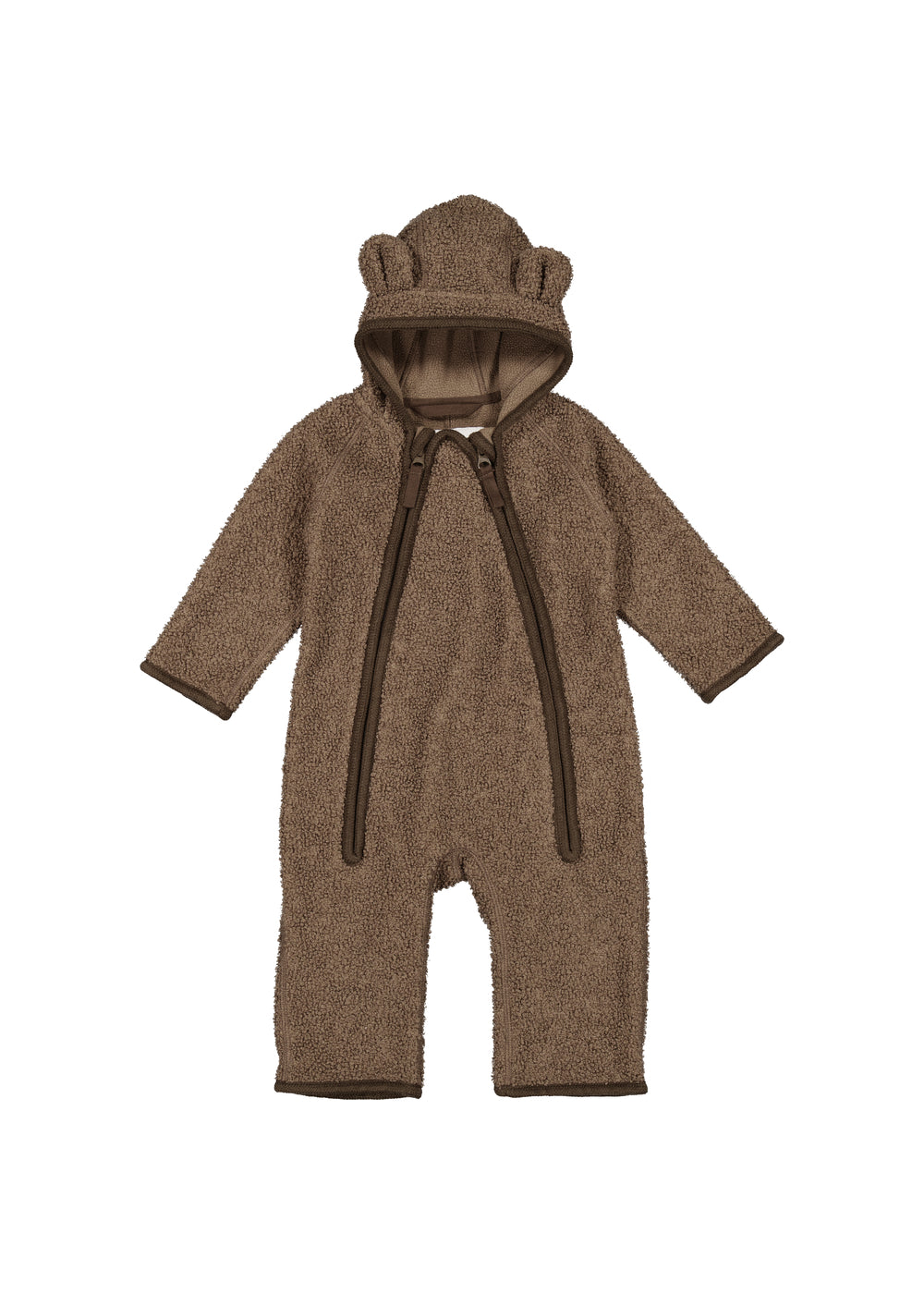 Brun teddyheldragt til baby med hætte og bjørneører