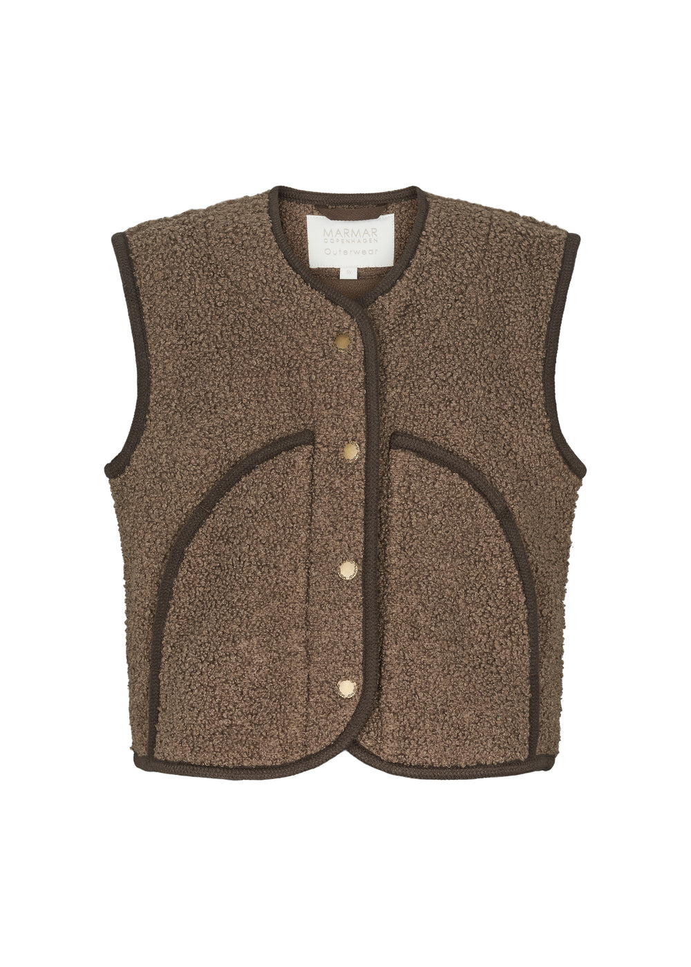 Brun teddyvest til børn med trykknapper og buede lommer foran