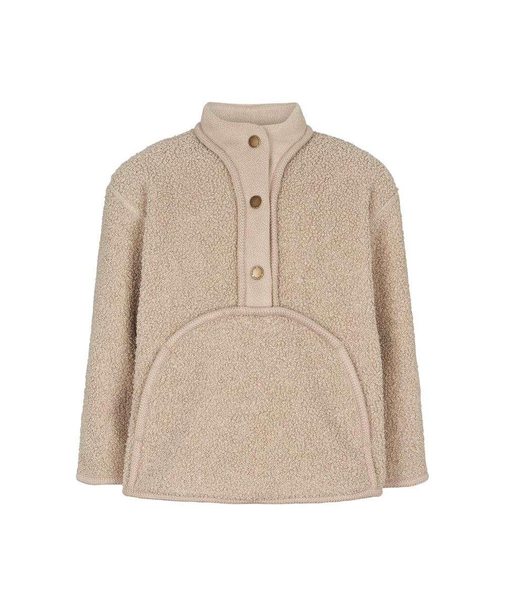 Beige teddytrøje til børn med knapper og stor buet forlomme foran