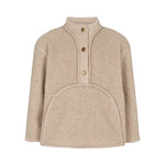 Beige teddytrøje til børn med knapper og stor buet forlomme foran