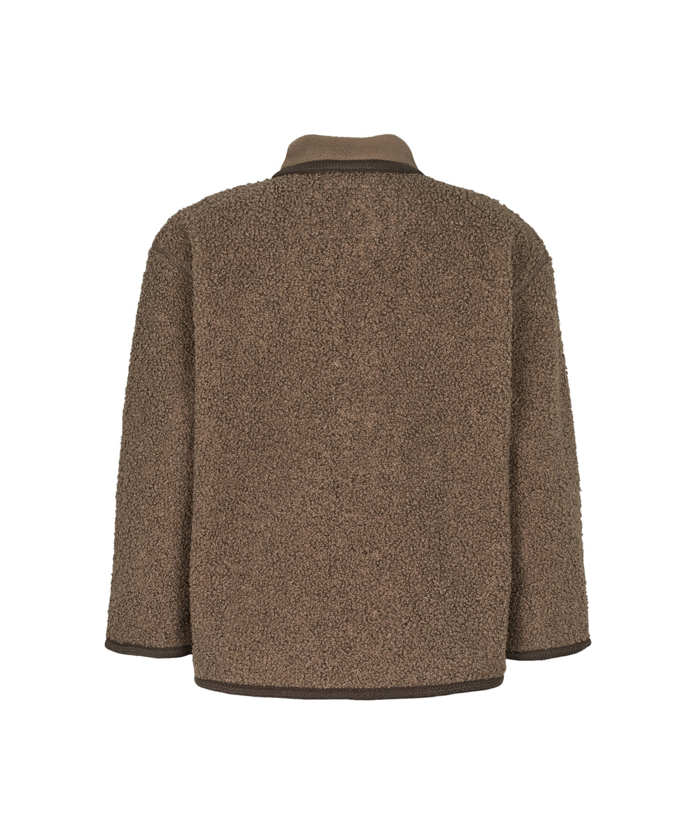 Bagfra-visning af brun teddytrøje til børn med lange ærmer og høj hals