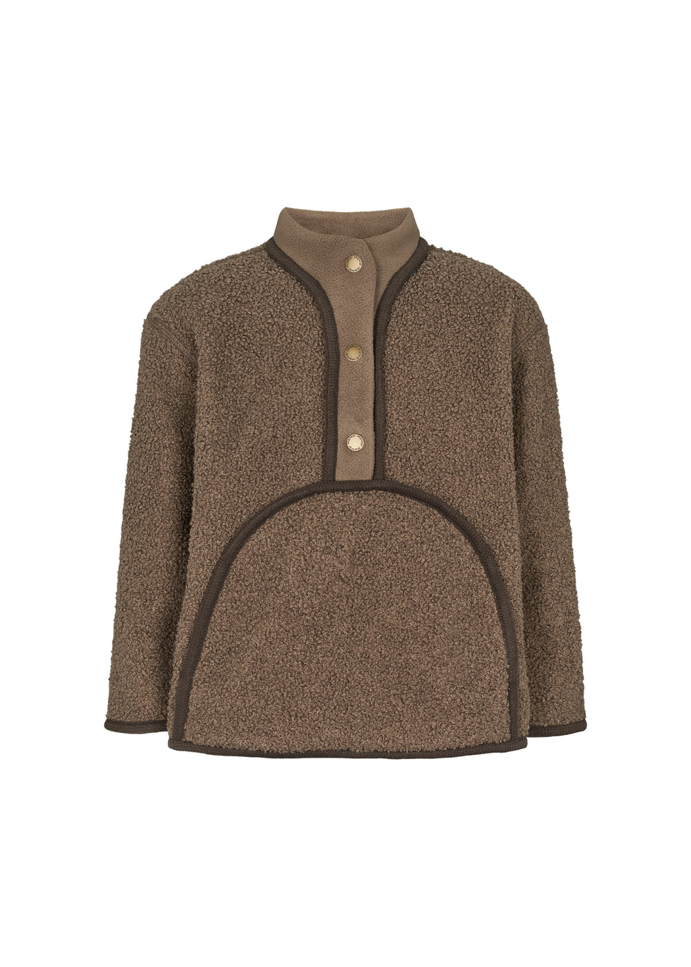 Brun teddytrøje til børn med knapper og stor buet forlomme foran