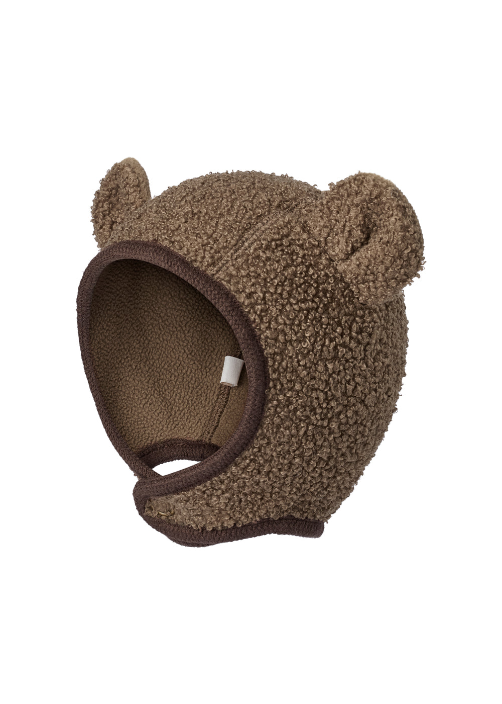 Brun elefanthue til børn i teddyfleece med bjørneører og mørk kant