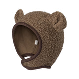 Brun elefanthue til børn i teddyfleece med bjørneører og mørk kant