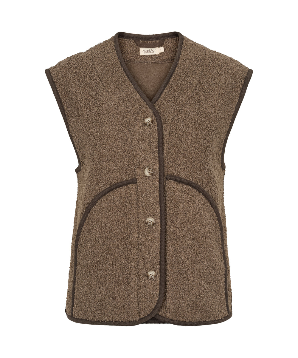 Brun fleecevest til kvinder med knapper og store lommer