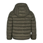 Mørkegrøn vatteret jakke til børn med hætte og lynlås