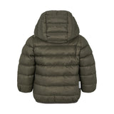 Mørkegrøn vatteret jakke til børn med hætte og lynlås