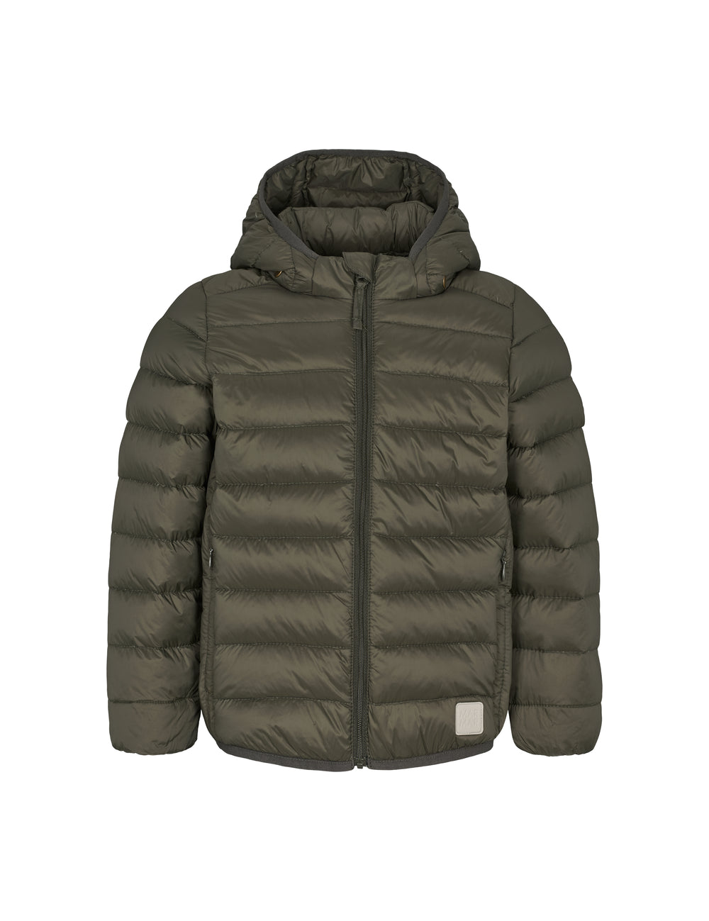 Mørkegrøn vatteret jakke til børn med hætte og lynlås