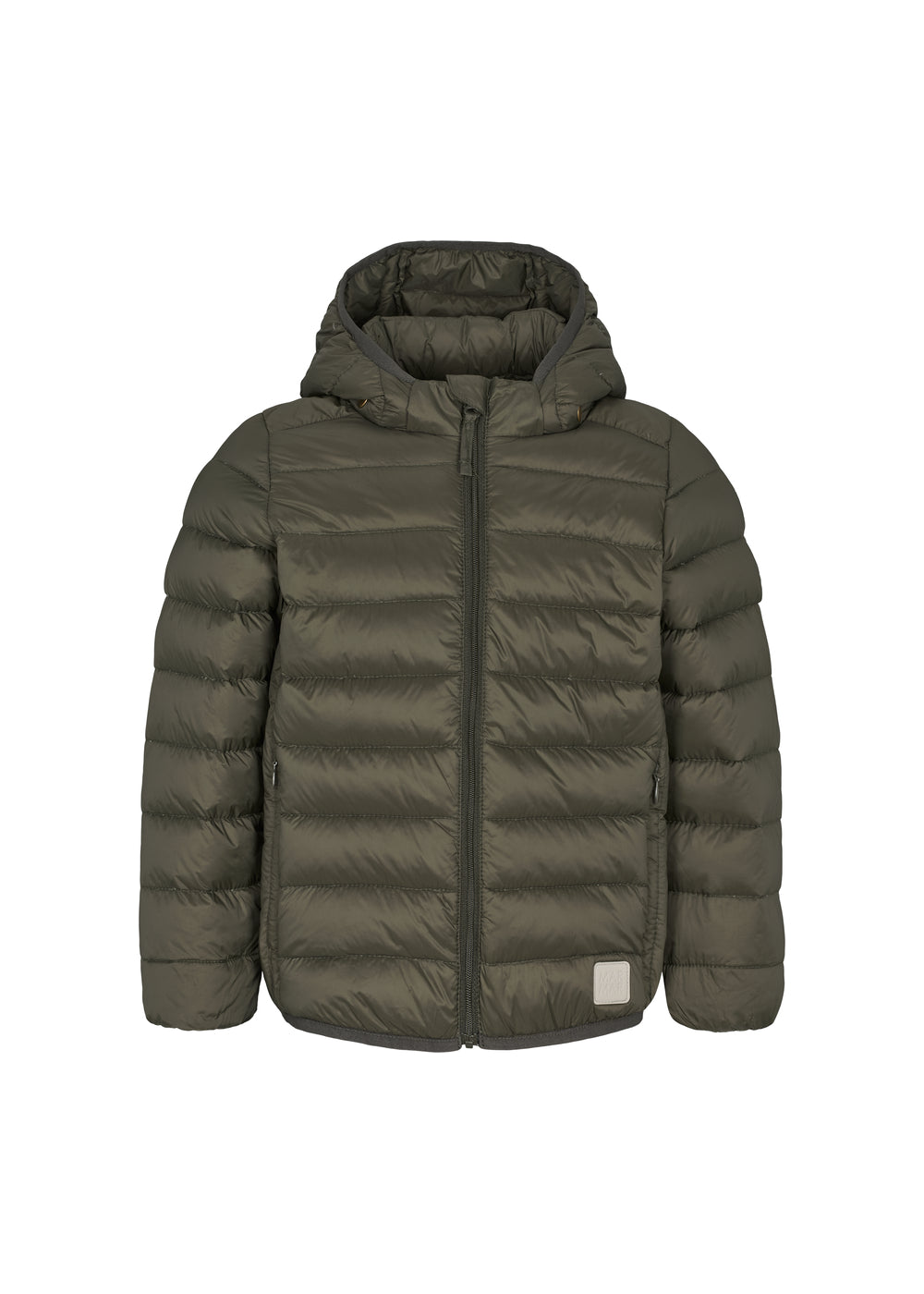 Mørkegrøn vatteret jakke til børn med hætte og lynlås