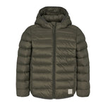 Mørkegrøn vatteret jakke til børn med hætte og lynlås