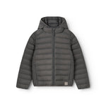 Mørkegrå vatteret jakke til børn med hætte og lynlås