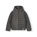 Mørkegrå vatteret jakke til børn med hætte og lynlås